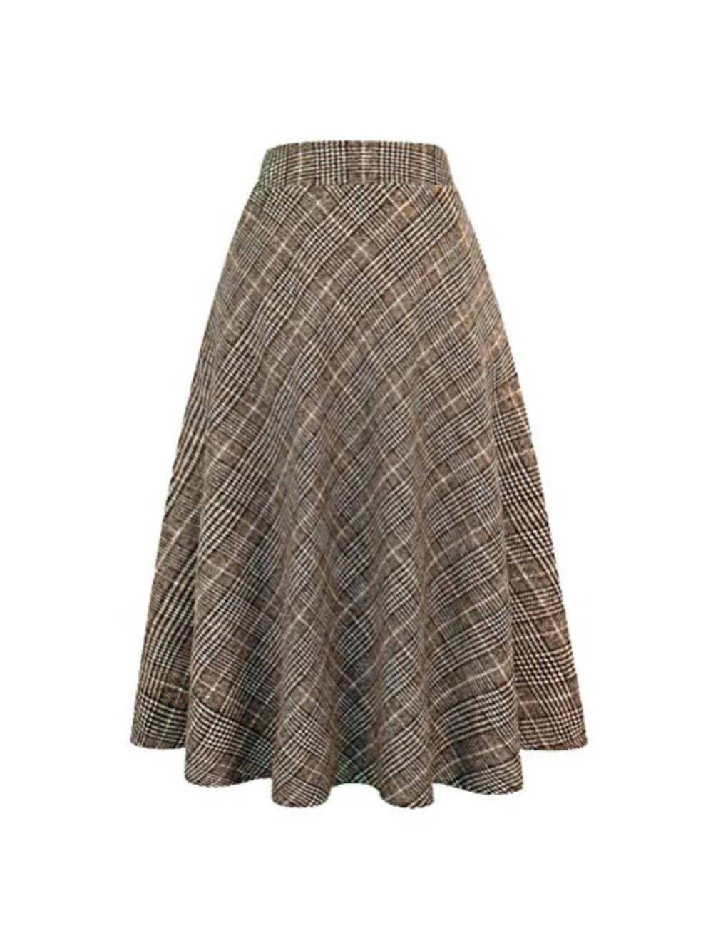 Wool Plaid A-Line Pleated Tartan Long Skirt Elastic Waist